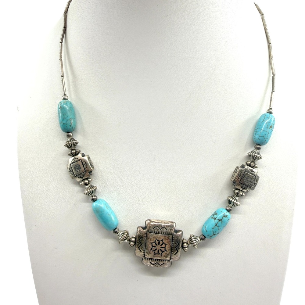 Vintage Southwestern Faux Turquoise Liquid Silver Beaded Statement Necklace